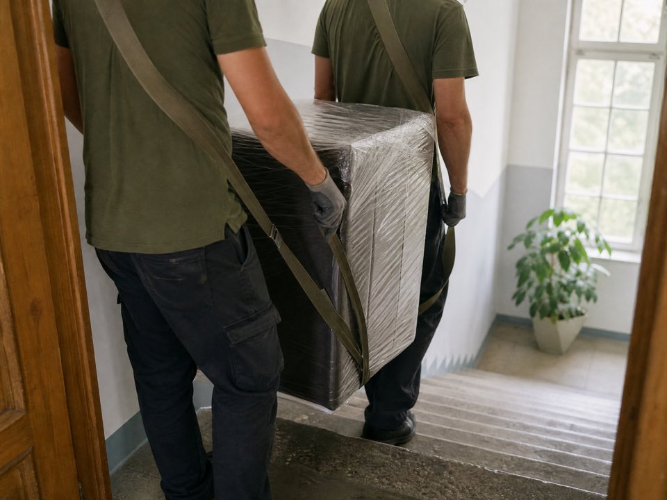 Zwei Mitarbeiter tragen ein verpacktes Möbelstück durchs Treppenhaus