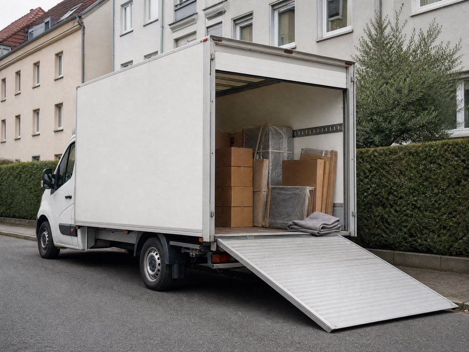 Transporter mit geöffneter Ladeklappe beim Abtransport